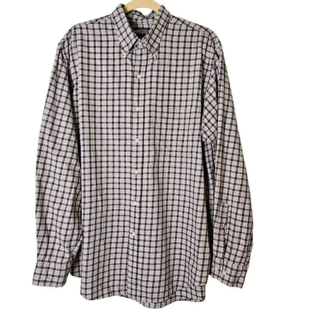 Lands' End mens cotton gray plaid shirt. L(16-16.5) # 928